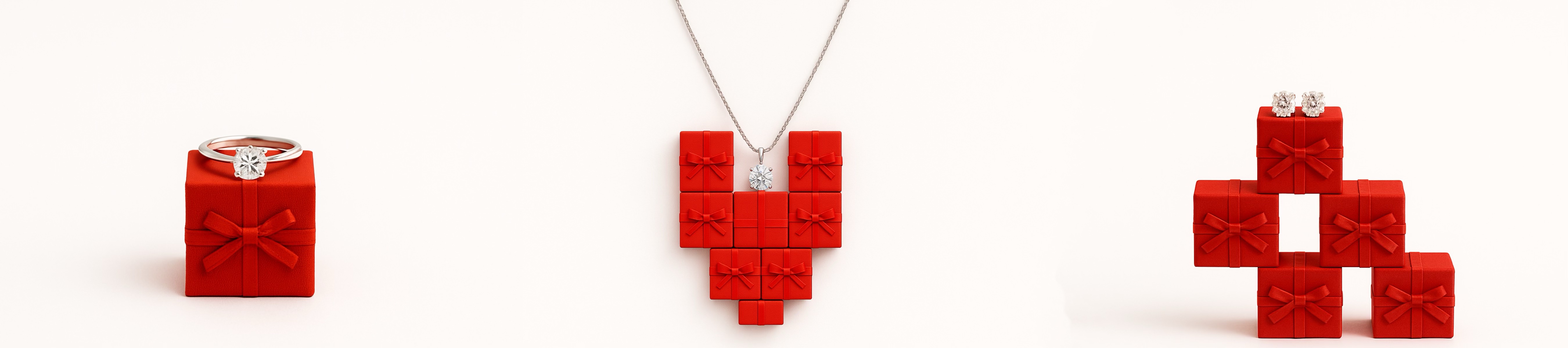 LovellRoad diamond jewellery — rings, necklaces and earrings on red gift boxes